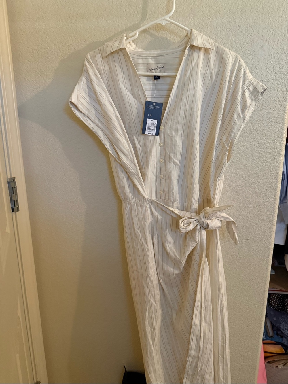 Universal Thread Cream Button-Front Maxi Dress with Thin Taupe Stripes